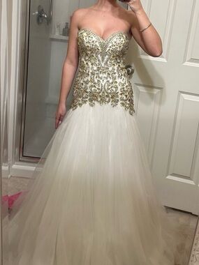 Mac Duggal Ivory Tulle Ballgown with Gold Beaded Bodice